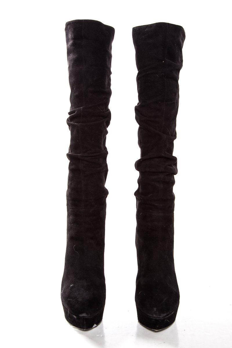 Sergio Rossi Black Suede Round-Toe Platform Knee-High Boots Sale