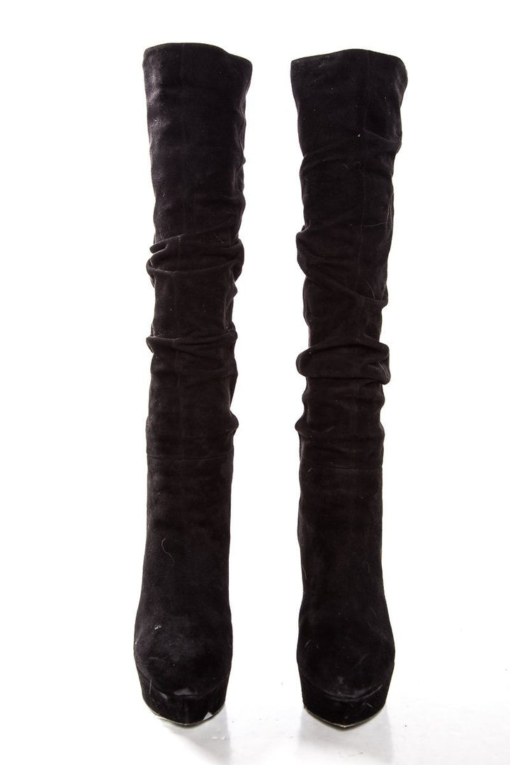 Sergio Rossi Black Suede Round-Toe Platform Knee-High Boots Sale