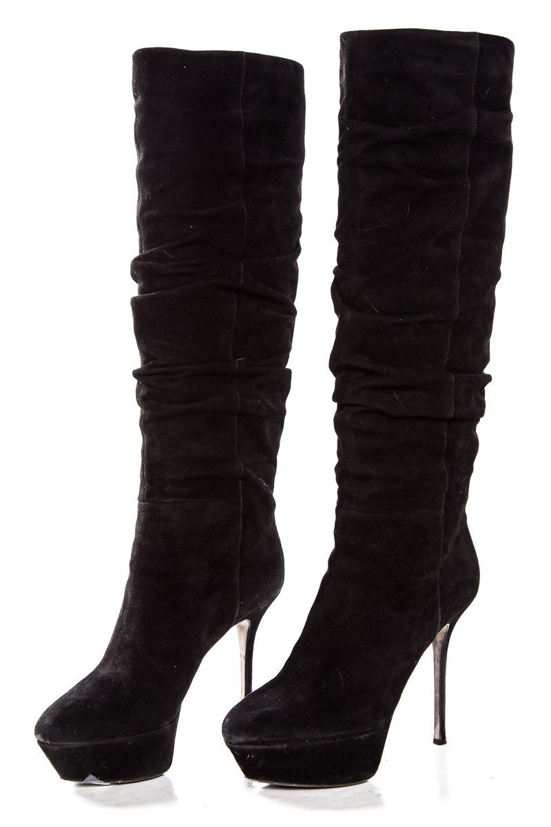 Sergio Rossi Black Suede Round-Toe Platform Knee-High Boots Sale