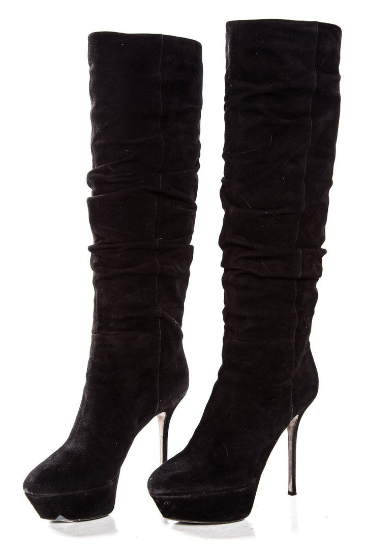 Sergio Rossi Black Suede Round-Toe Platform Knee-High Boots Sale