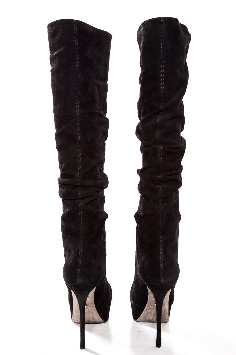 Sergio Rossi Black Suede Round-Toe Platform Knee-High Boots Sale