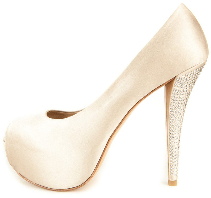 Stuart Weitzman 9.5 Champagne Satin Peep Toe Platform Pumps