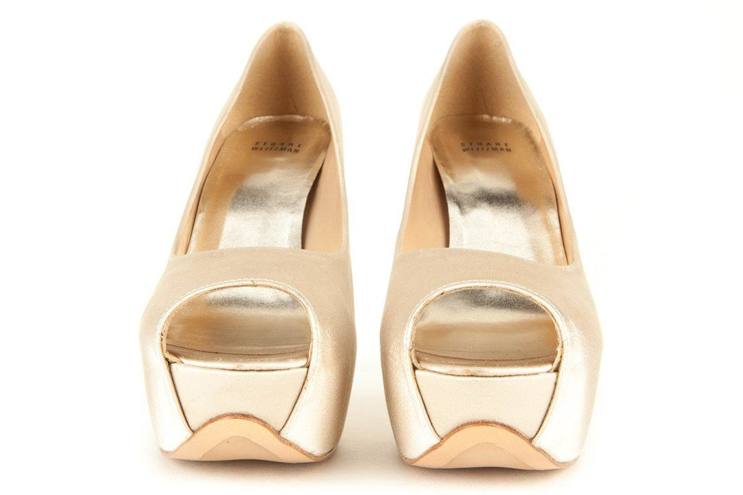 Stuart Weitzman 9.5 Champagne Satin Peep Toe Platform Pumps