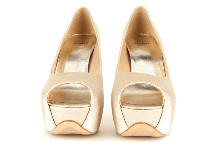 Stuart Weitzman 9.5 Champagne Satin Peep Toe Platform Pumps