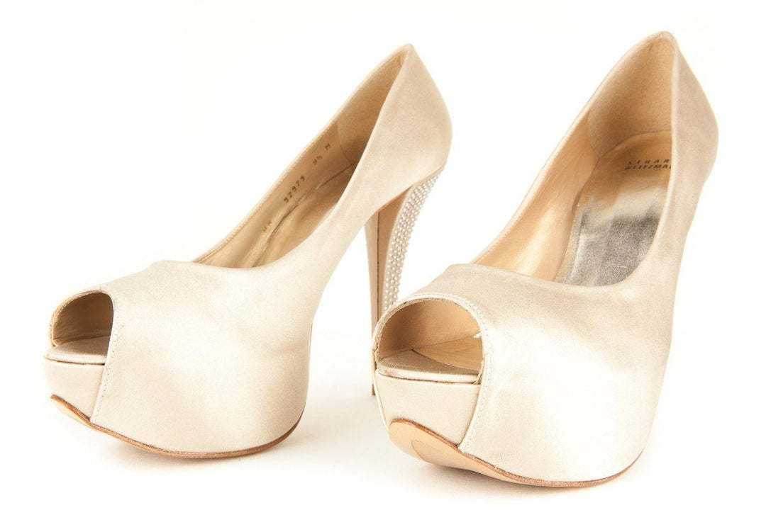 Stuart Weitzman 9.5 Champagne Satin Peep Toe Platform Pumps