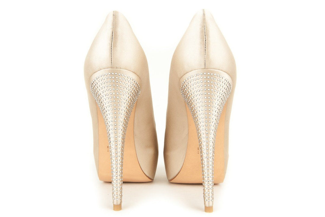 Stuart Weitzman 9.5 Champagne Satin Peep Toe Platform Pumps