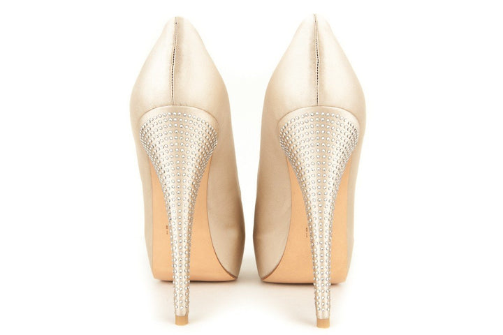 Stuart Weitzman 9.5 Champagne Satin Peep Toe Platform Pumps
