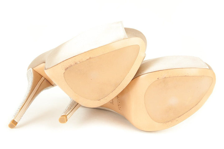 Stuart Weitzman 9.5 Champagne Satin Peep Toe Platform Pumps
