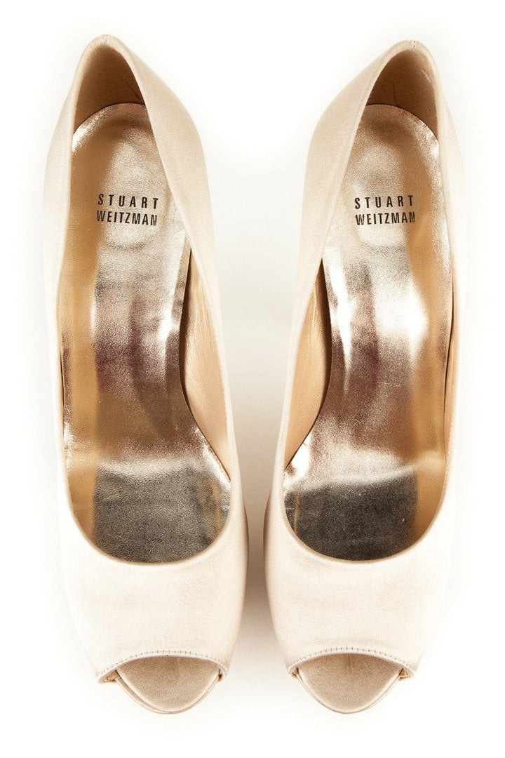 Stuart Weitzman 9.5 Champagne Satin Peep Toe Platform Pumps