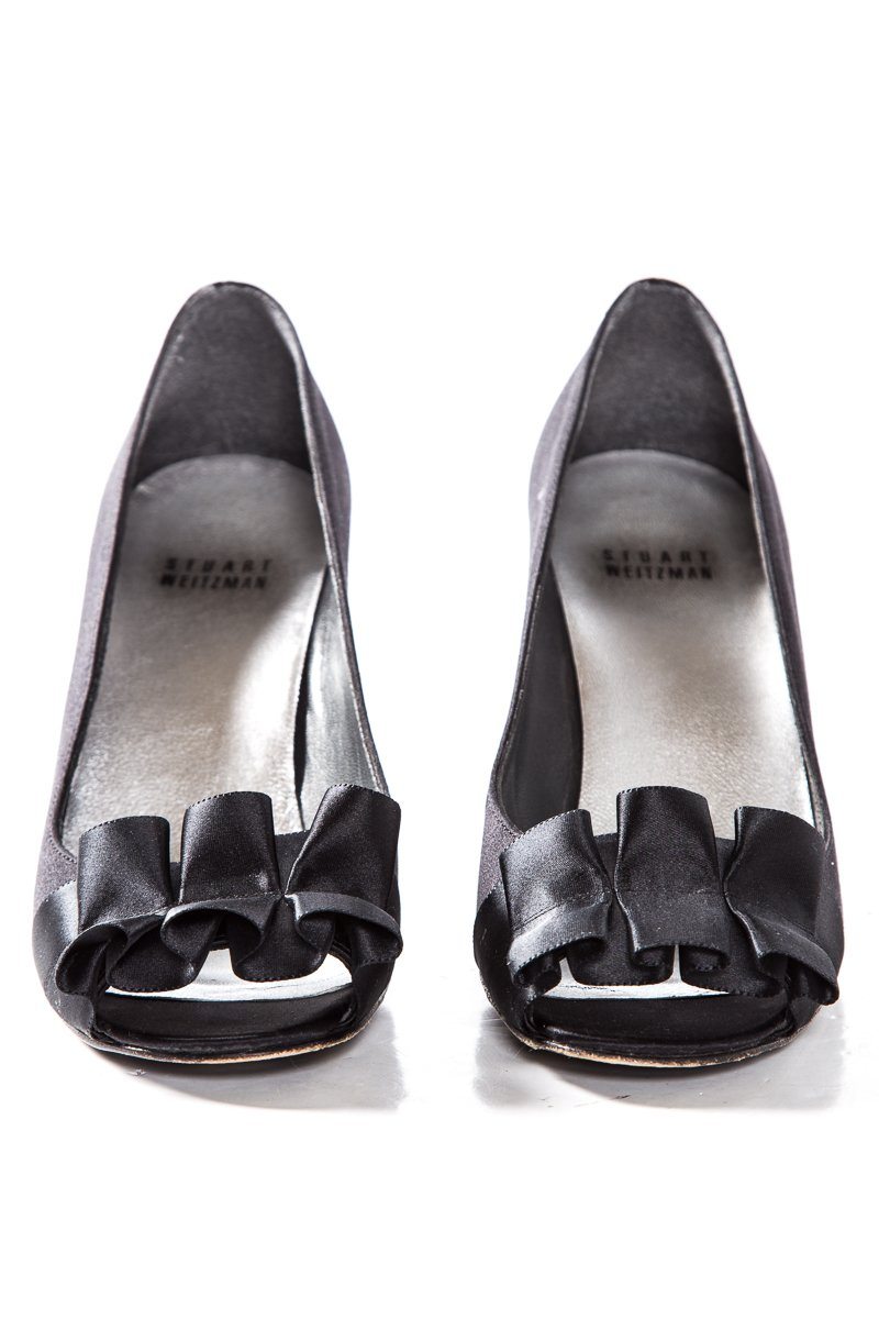 Stuart Weitzman Black Satin Peep Toe Heels SZ 7