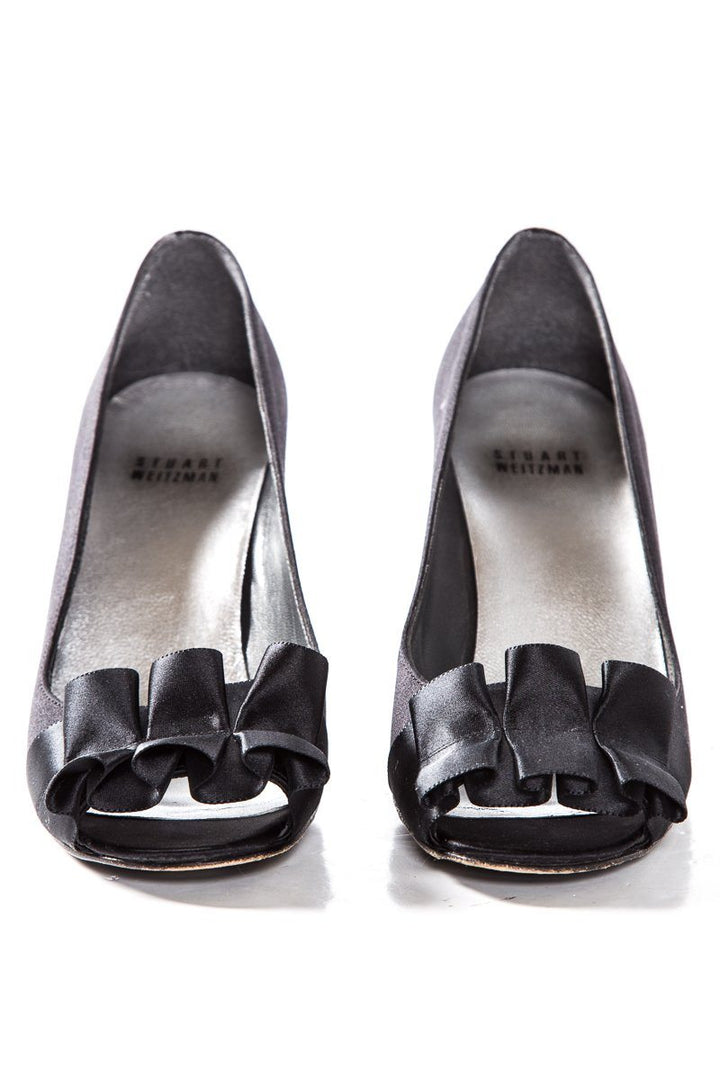 Stuart Weitzman Black Satin Peep Toe Heels SZ 7