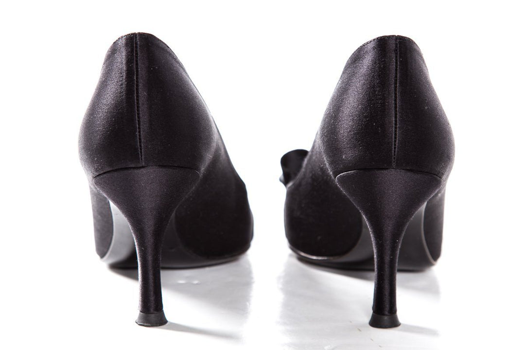Stuart Weitzman Black Satin Peep Toe Heels SZ 7