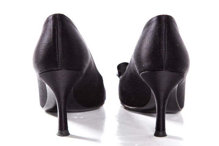 Stuart Weitzman Black Satin Peep Toe Heels SZ 7