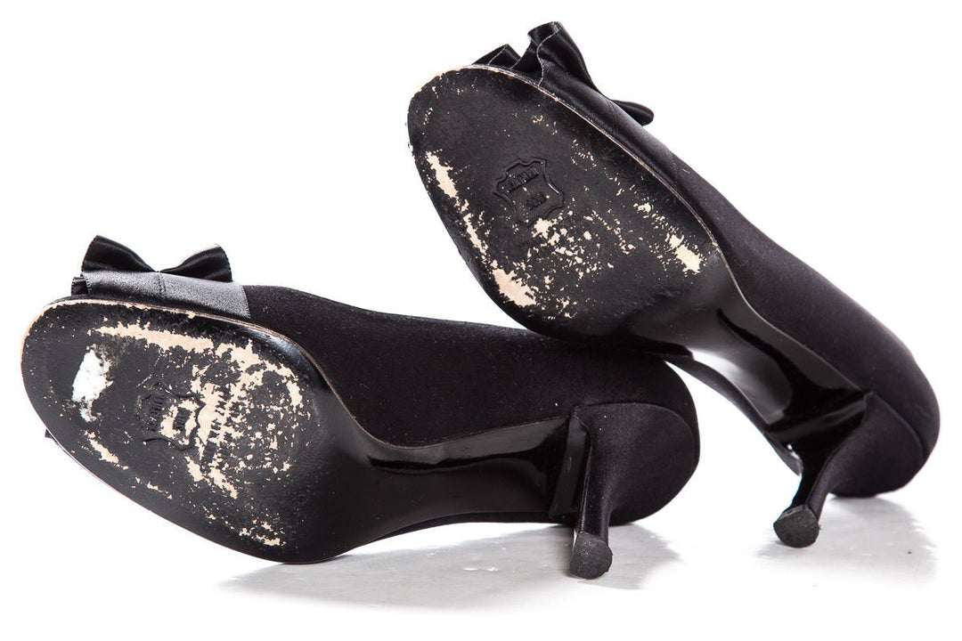 Stuart Weitzman Black Satin Peep Toe Heels SZ 7