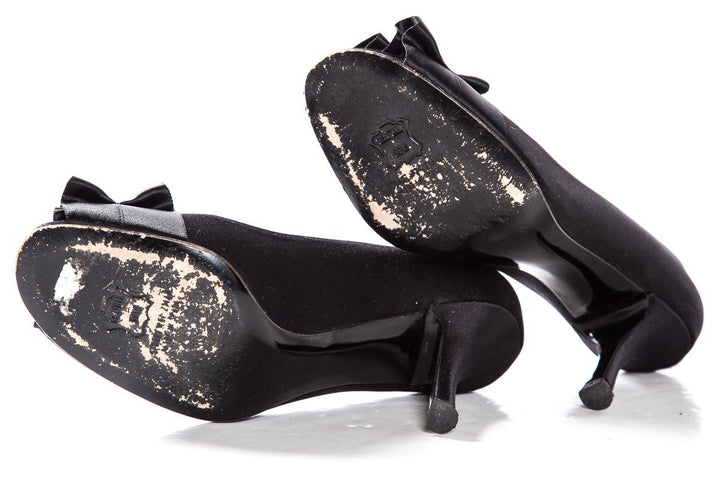 Stuart Weitzman Black Satin Peep Toe Heels SZ 7