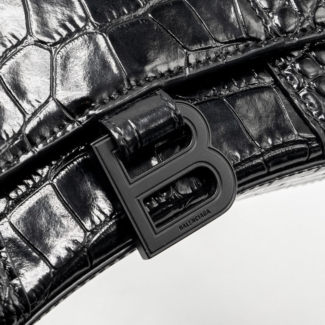 Top Quality Balenciaga XS Hourglass Croc-embossed Calfskin So Black