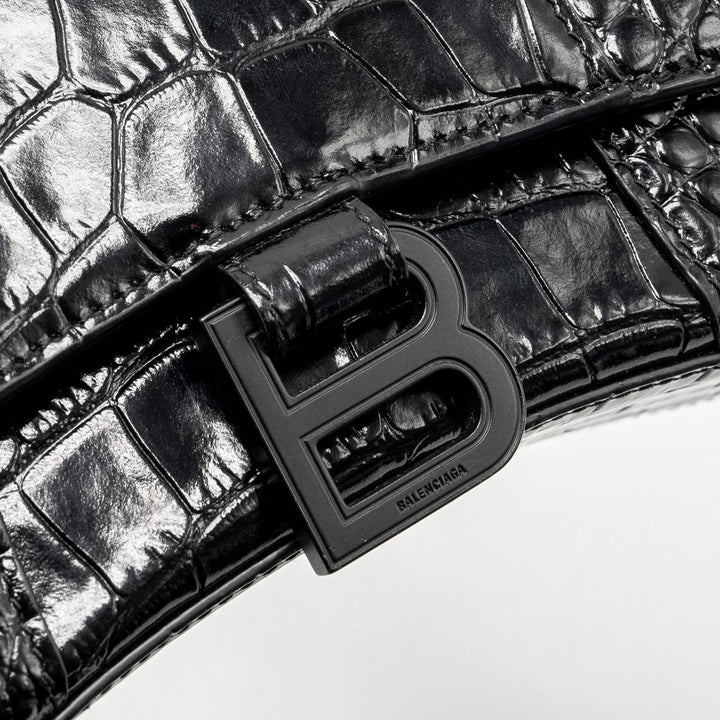 Top Quality Balenciaga XS Hourglass Croc-embossed Calfskin So Black