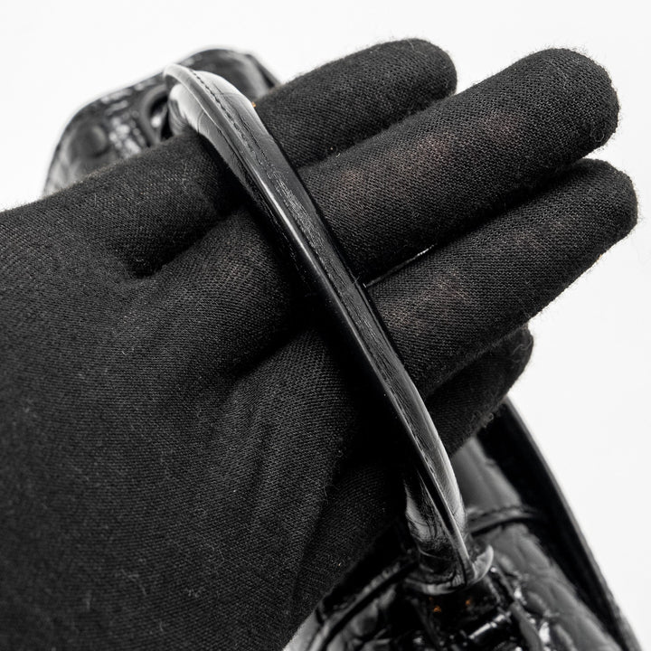 Top Quality Balenciaga XS Hourglass Croc-embossed Calfskin So Black