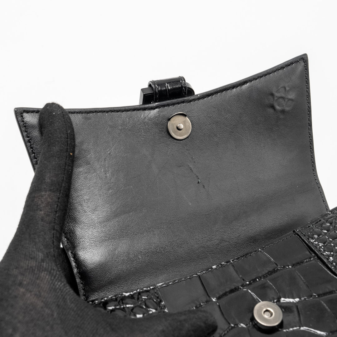 Top Quality Balenciaga XS Hourglass Croc-embossed Calfskin So Black