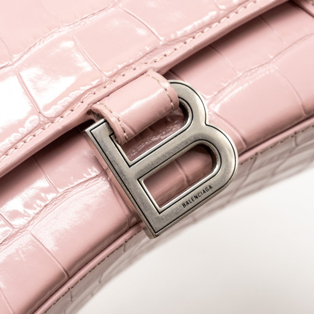 Top Quality Balenciaga Hourglass S Croc-Embossed Calfskin Pink SHW