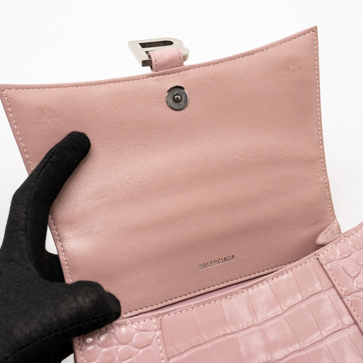 Top Quality Balenciaga Hourglass S Croc-Embossed Calfskin Pink SHW