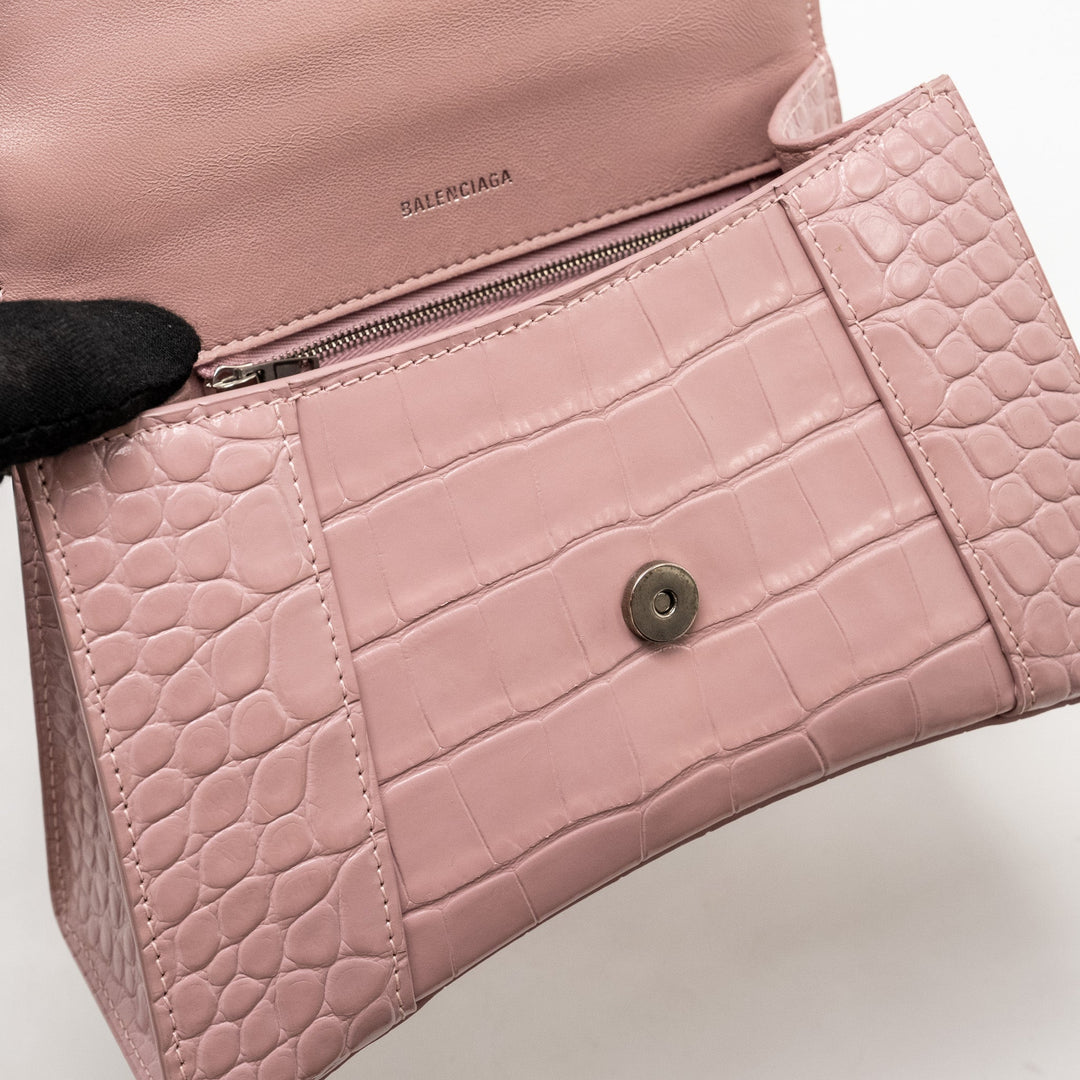 Top Quality Balenciaga Hourglass S Croc-Embossed Calfskin Pink SHW