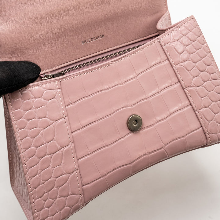 Top Quality Balenciaga Hourglass S Croc-Embossed Calfskin Pink SHW