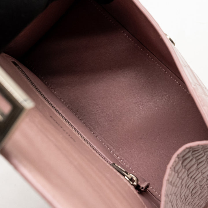 Top Quality Balenciaga Hourglass S Croc-Embossed Calfskin Pink SHW