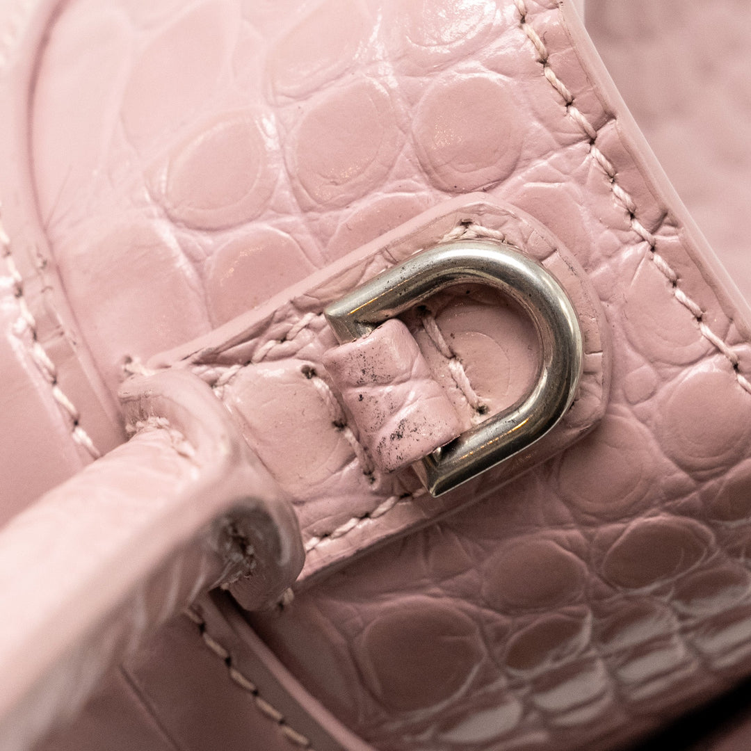Top Quality Balenciaga Hourglass S Croc-Embossed Calfskin Pink SHW