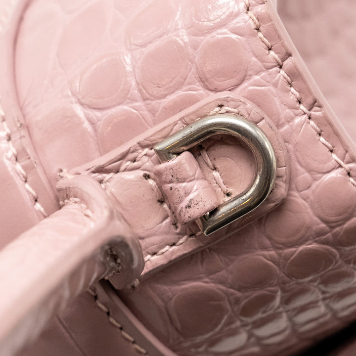 Top Quality Balenciaga Hourglass S Croc-Embossed Calfskin Pink SHW