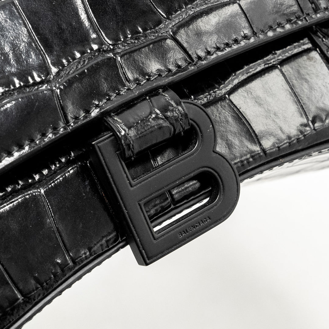 Top Quality Balenciaga Hourglass S Croc-Embossed Calfskin So Black