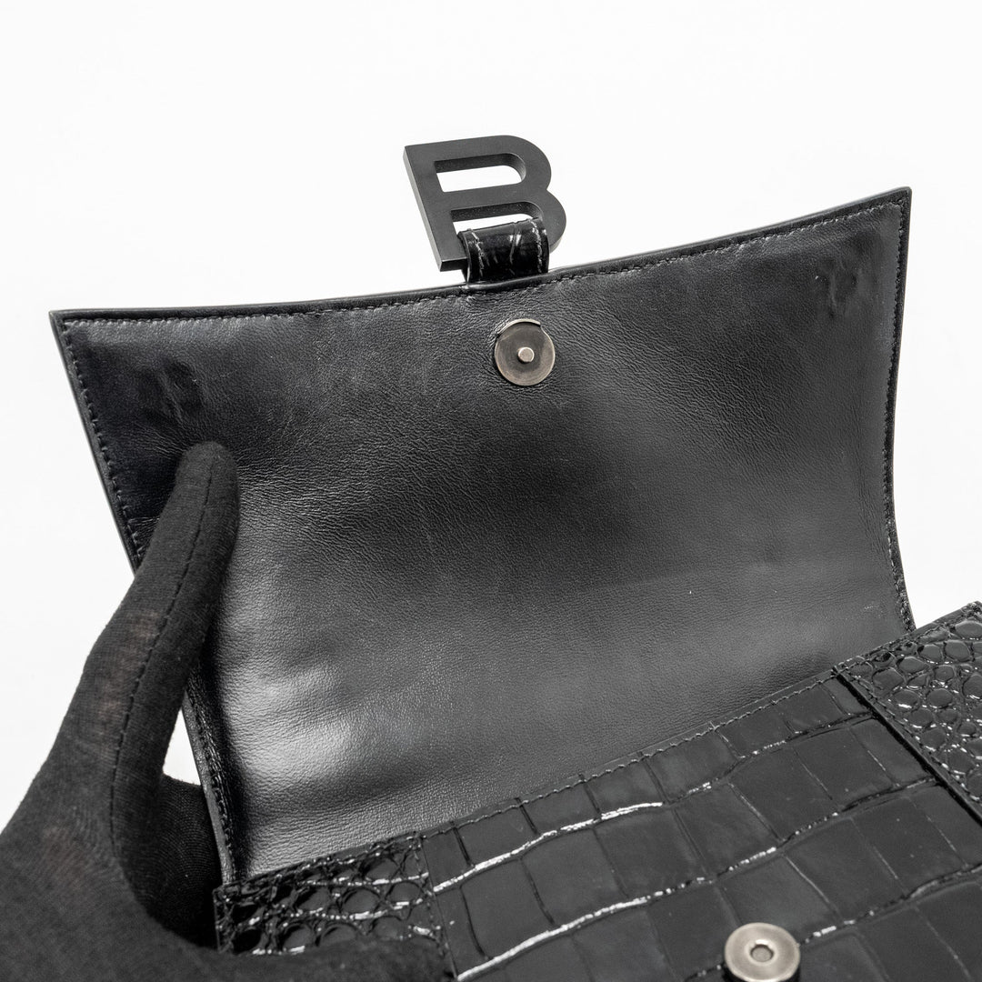 Top Quality Balenciaga Hourglass S Croc-Embossed Calfskin So Black