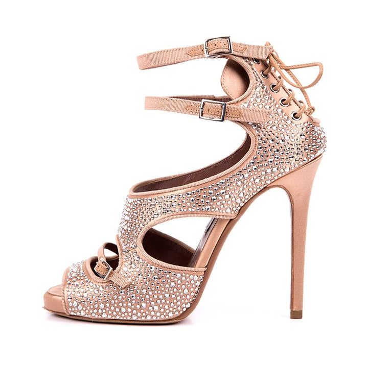 Tabitha Simmons 37.5 Nude Satin Crystal Detail Sandals Sale