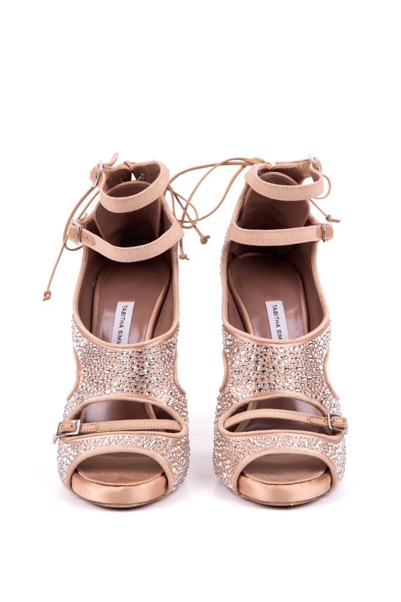 Tabitha Simmons 37.5 Nude Satin Crystal Detail Sandals Sale