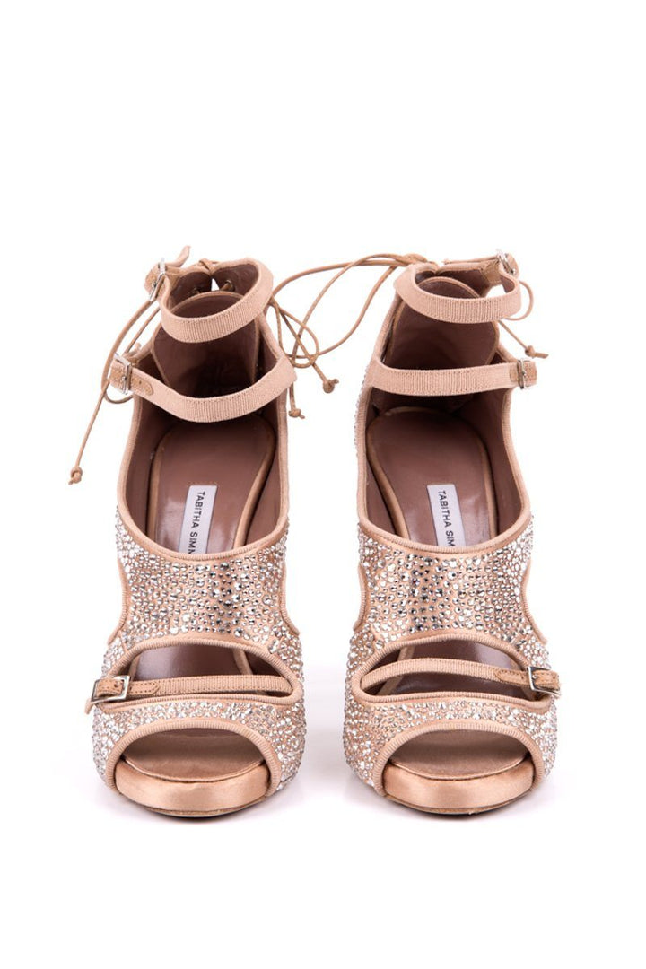 Tabitha Simmons 37.5 Nude Satin Crystal Detail Sandals Sale