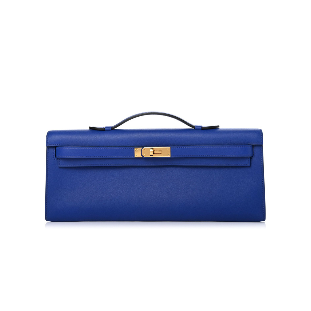 Top quality Hermes Kelly Cut Clutch Swift Calfskin Bleu France Gold Hardware