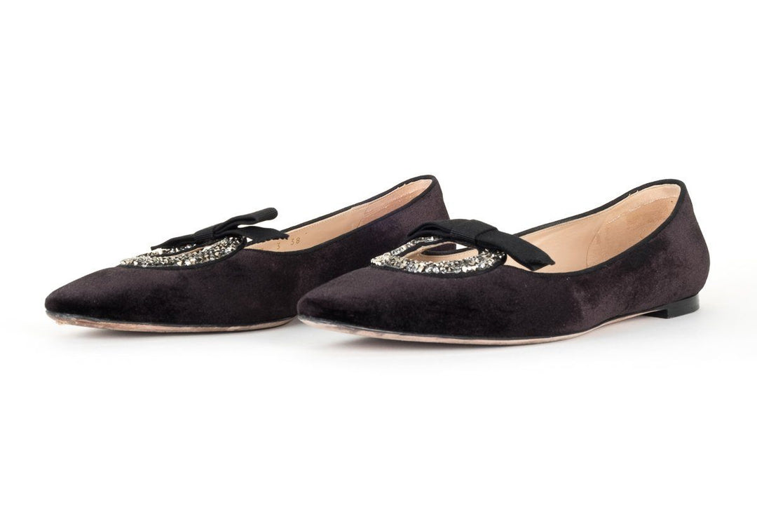 Valentino Black Velvet & Crystal Flats 38