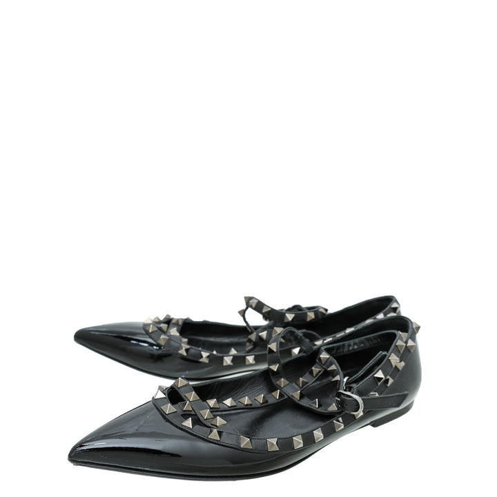 Valentino Black Rockstud Caged Ankle Strap Flat Ballerina 41