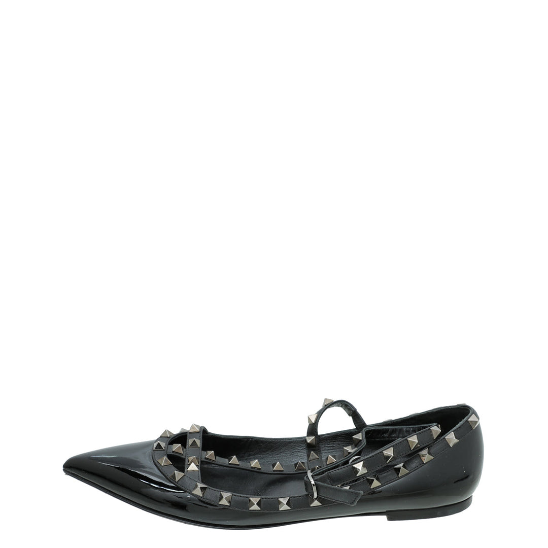 Valentino Black Rockstud Caged Ankle Strap Flat Ballerina 41