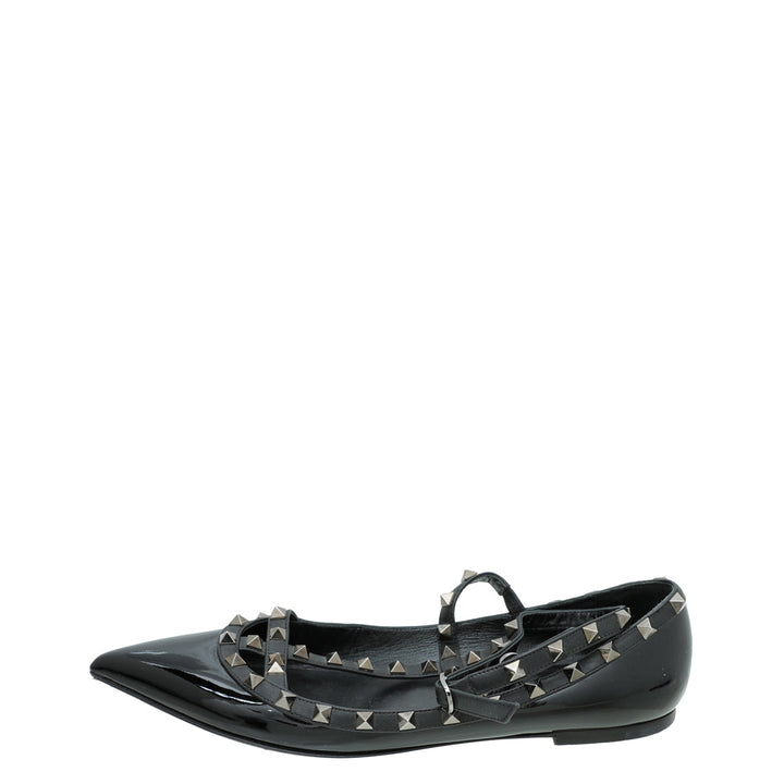 Valentino Black Rockstud Caged Ankle Strap Flat Ballerina 41