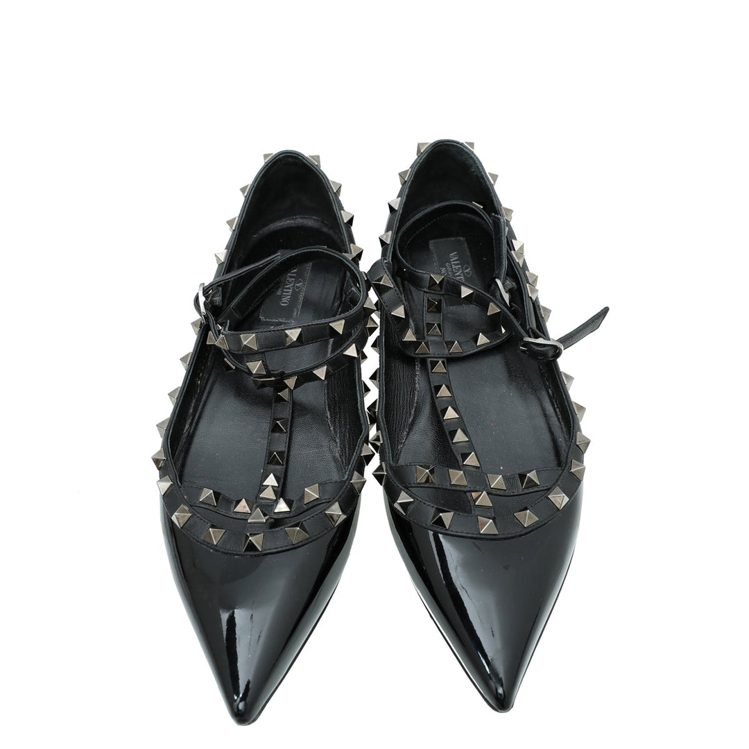 Valentino Black Rockstud Caged Ankle Strap Flat Ballerina 41