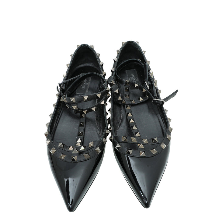 Valentino Black Rockstud Caged Ankle Strap Flat Ballerina 41