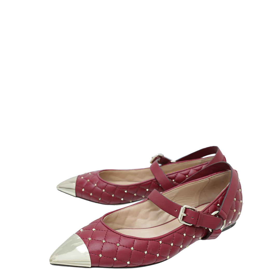 Valentino Burgundy Rockstud Spike Mary Jane Ballet Flats 37