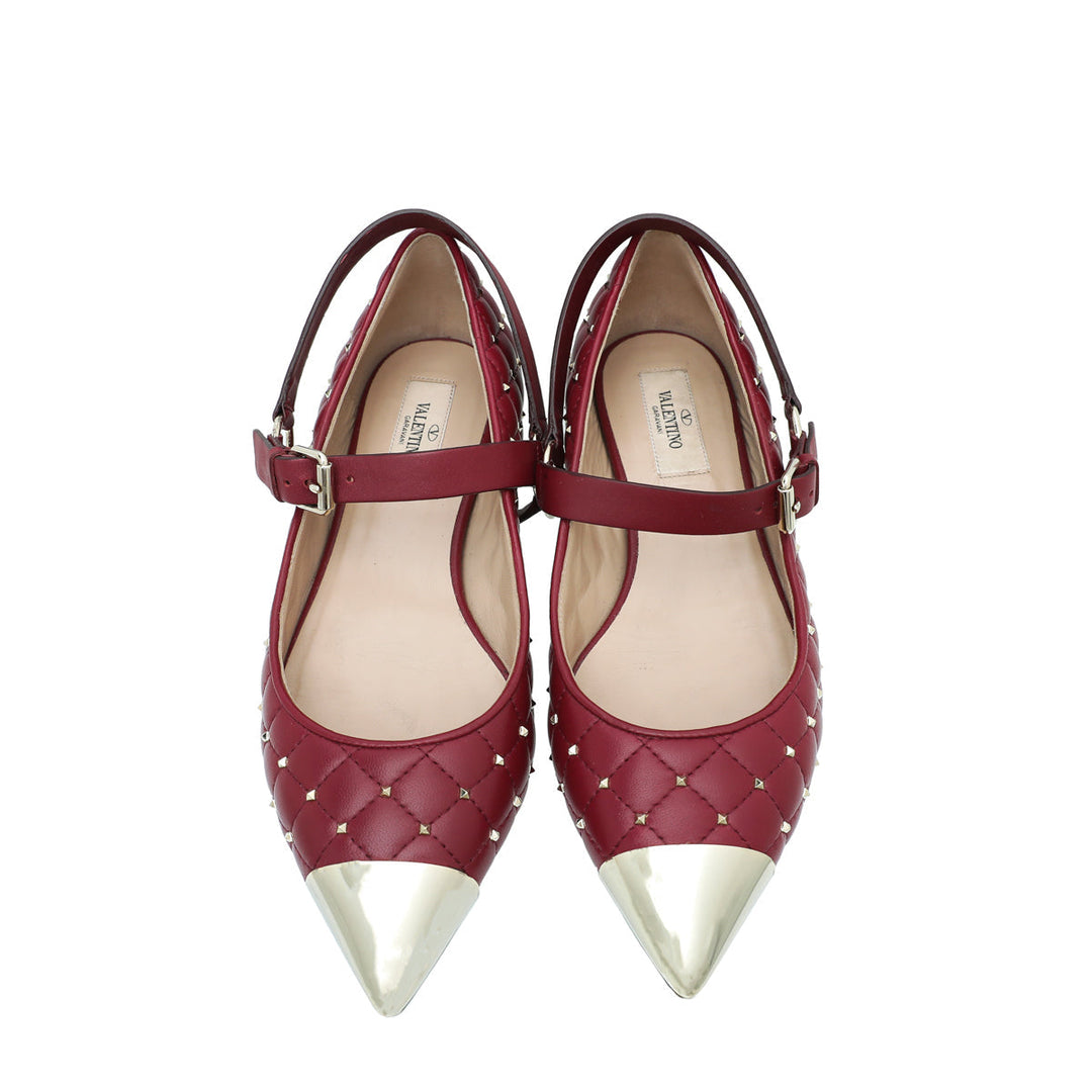 Valentino Burgundy Rockstud Spike Mary Jane Ballet Flats 37