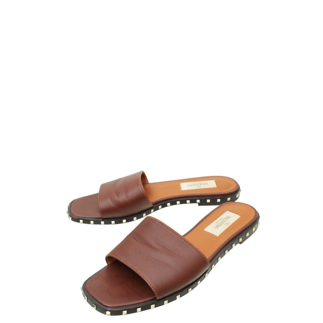 Valentino Brown Rockstud Soul Slide Sandal 35