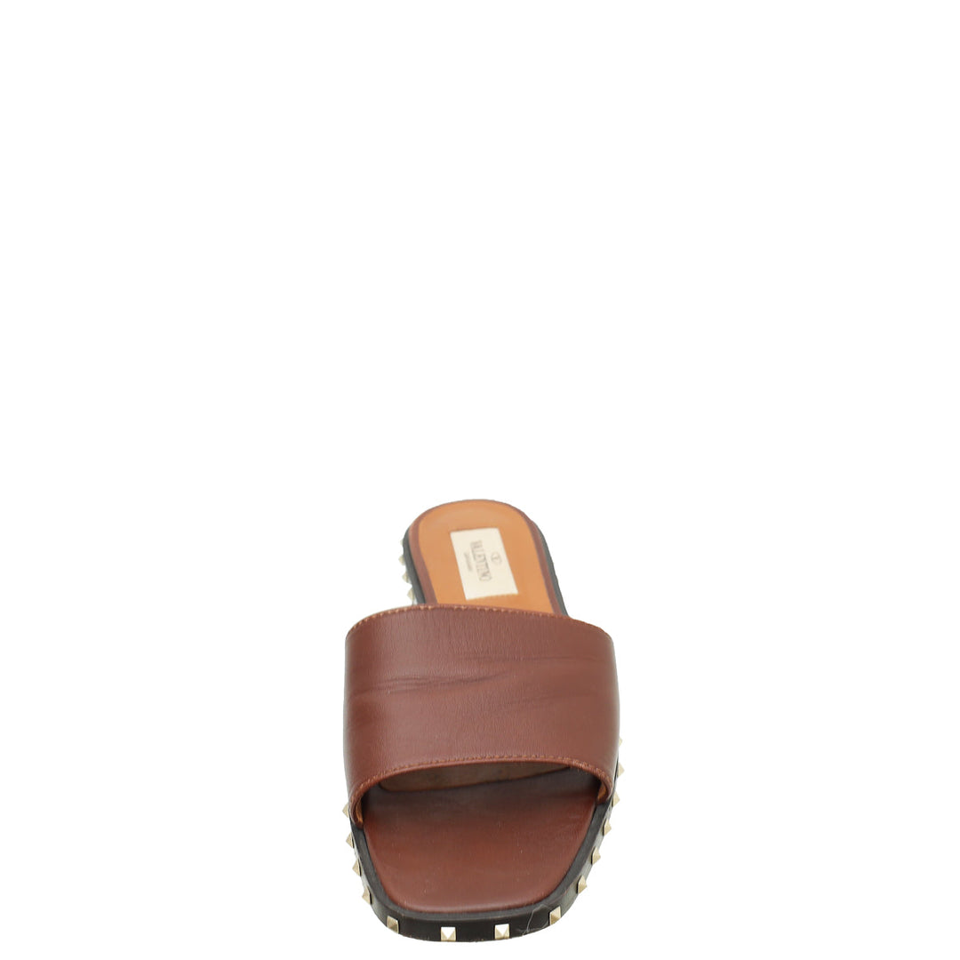 Valentino Brown Rockstud Soul Slide Sandal 35