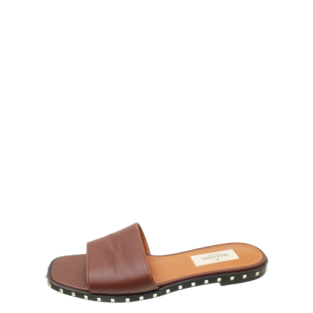 Valentino Brown Rockstud Soul Slide Sandal 35
