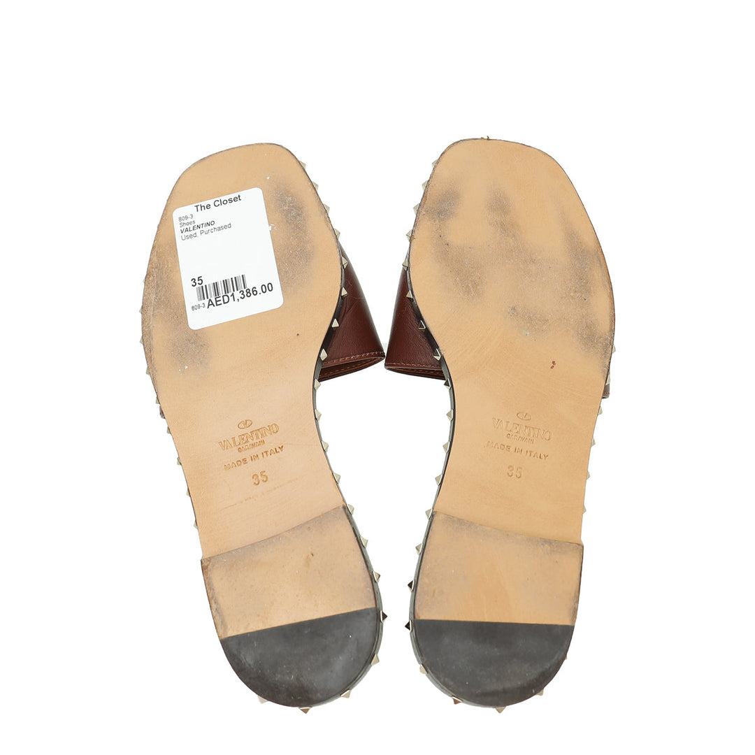 Valentino Brown Rockstud Soul Slide Sandal 35