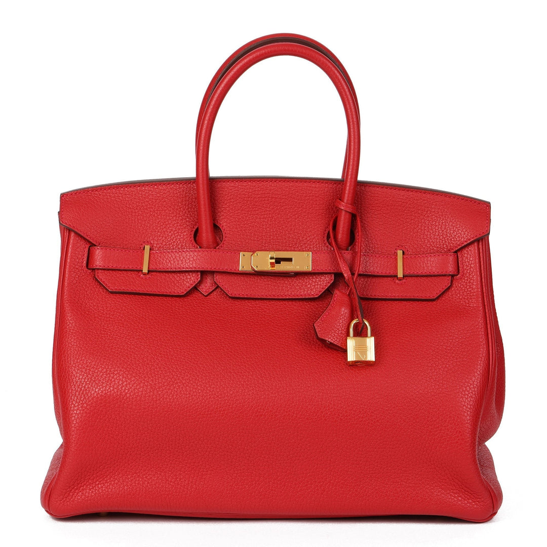 Premium Handmade Hermes Vermillion Clemence Leather Birkin 35cm Retourne Tote