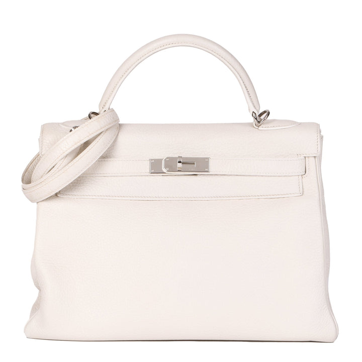 Top quality Hermes White Clemence Leather Kelly 32cm Retourne Shoulder Bag